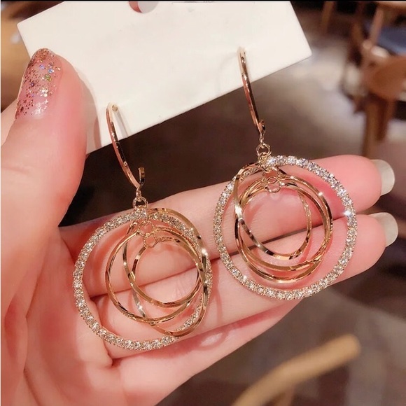 NEW 925 gold simulated Diamond Circle Multi Hoops Round Disco Earrings - Picture 2 of 5